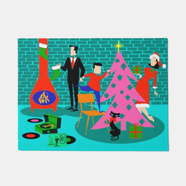 Retro Familie, welche die Weihnachtsbaum-Tür-Matte Fußmatte (Vorderseite)
