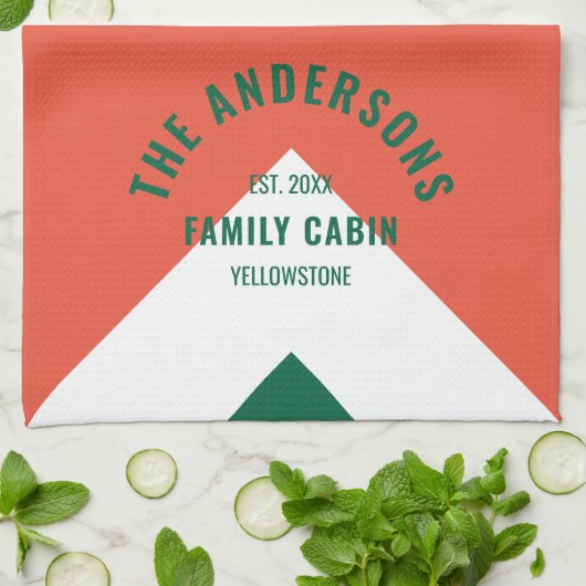 Retro Familienhaus Personalisierter Name Rot Grün Geschirrtuch (Gefaltet)