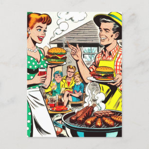 Retro Family Barbecue Comic Illustration Postkarte