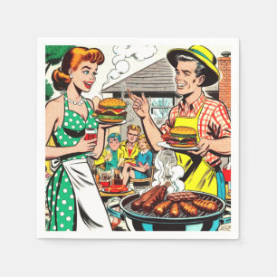 Retro Family Barbecue Comic Illustration Serviette