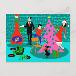 Retro Family trimmen die Weihnachtsbaum-Postkarte Feiertagspostkarte