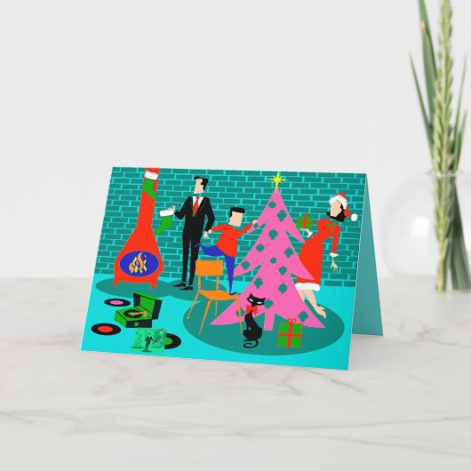 Retro Family trimmen die Weihnachtsbaumkarte Feiertagskarte (Vorderseite)