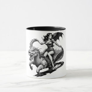 Retro-Fantasie-Fusion: Drachen-reitendes Pin-Up-Mä Tasse