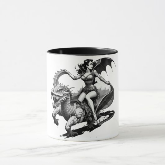 Retro Fantasy Fusion: Dragon-Riding Button-Up Girl Tasse (Zentrum)