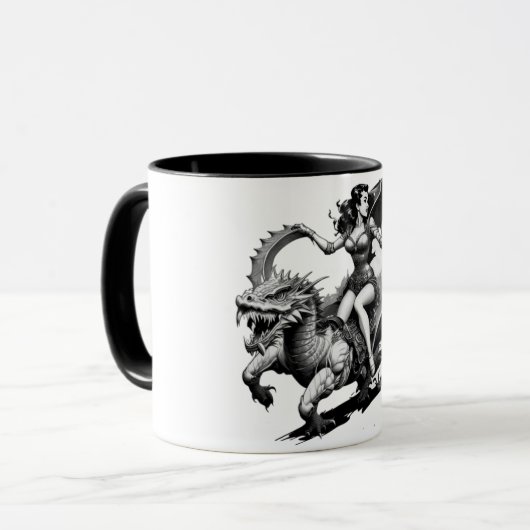 Retro Fantasy Fusion: Dragon-Riding Button-Up Girl Tasse (Vorderseite Links)