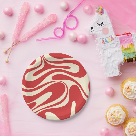 Retro Fantasy Swirl Abstraktes Muster Rot & Creme Pappteller (Party)