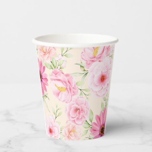 Retro-Farbe mit rosa Blumen und Rosen Pappbecher (Vorderseite)