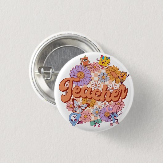 Retro farbenfrohe Blume Lehrer-Taste Button (Vorne & Hinten)