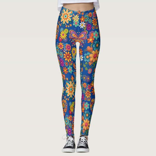 Retro farbenfrohe Blume Muster. Blue BG Leggings (Vorderseite)