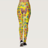 Retro farbenfrohe Blume Muster. Hellgelbe BG Leggings (Rückseite)