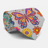 Retro farbenfrohe Blume Muster. L Gray BG Krawatte (Gerollt)