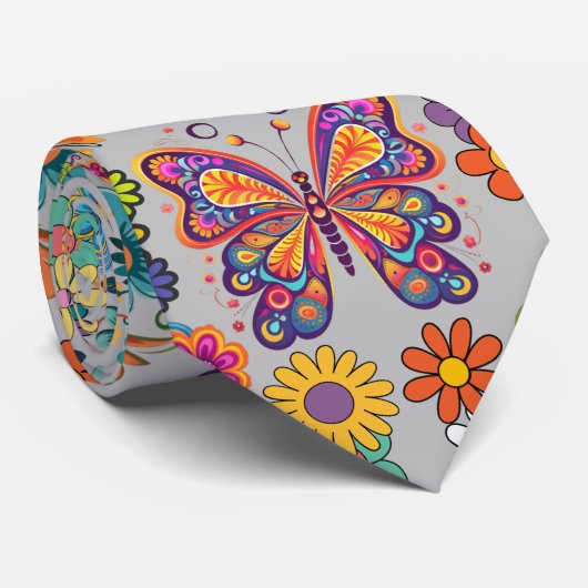 Retro farbenfrohe Blume Muster. L Gray BG Krawatte (Gerollt)