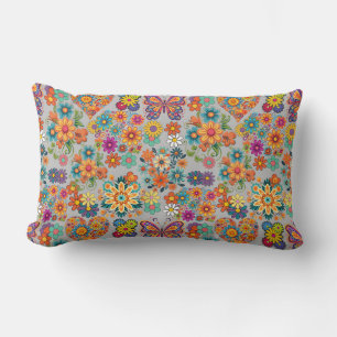 Retro farbenfrohe Blume Muster. L Gray BG Lendenkissen