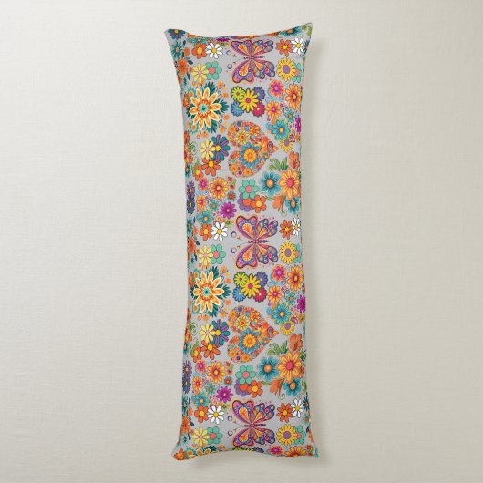 Retro farbenfrohe Blume Muster. L Gray BG Seitenschläferkissen (Rückseite (Vertikal))