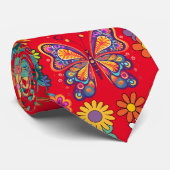 Retro farbenfrohe Blume Muster. Red BG Krawatte (Gerollt)