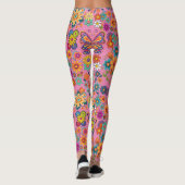 Retro farbenfrohe Blume Muster. Rosa BG Leggings (Rückseite)