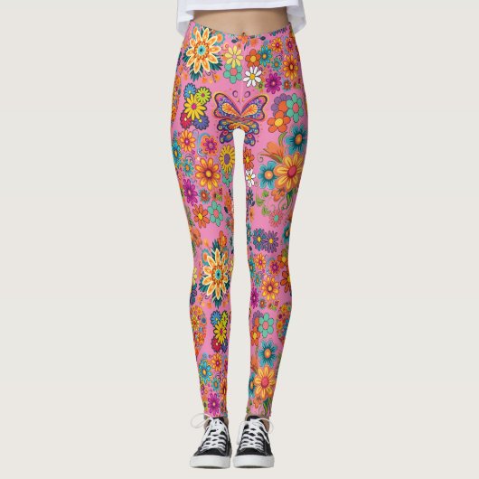 Retro farbenfrohe Blume Muster. Rosa BG Leggings (Vorderseite)