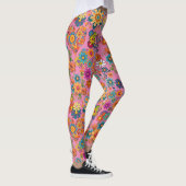 Retro farbenfrohe Blume Muster. Rosa BG Leggings (Rechts)
