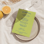 Retro farbenfrohe Bright Funky Modern Boho Wedding Menükarte<br><div class="desc">Ein buntes Retro funky modernes helles Abendmenü. Das Design der schicken Vorlage boho Vintag blass grün Hintergrund und blau Typografie und handgeschriebenes Menü in blau . Und heller,  grüner Hintergrund. Perfekt und passend zu der ganzen Suite.</div>
