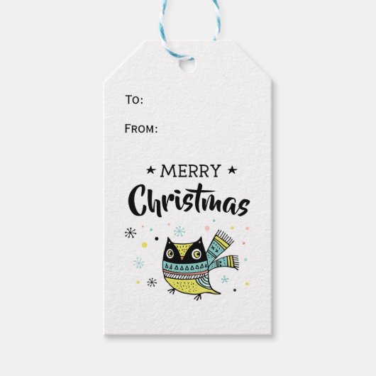 Retro farbenfrohe Eule Frohe Weihnachten Geschenkanhänger (Vorderseite)
