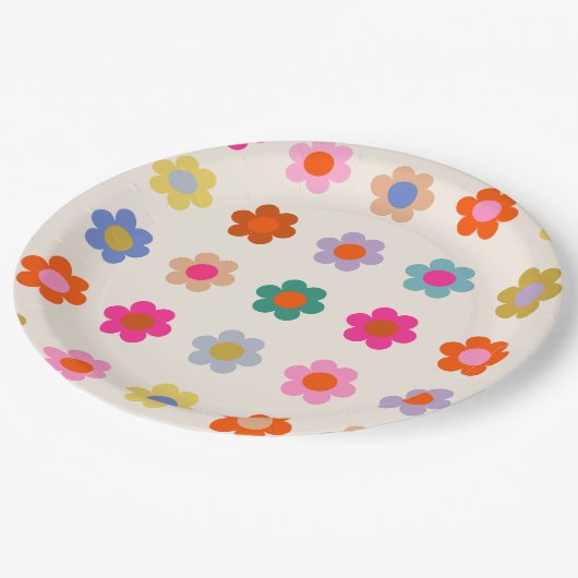 Retro farbenfrohe florale Preppy Abstrakte Blume Pappteller (Schrägansicht)