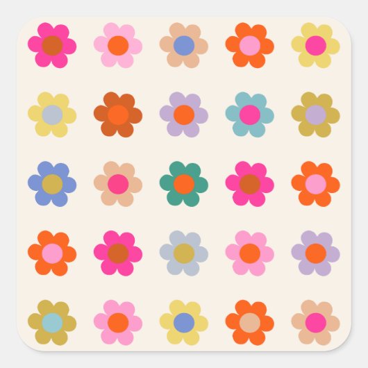 Retro farbenfrohe florale Preppy Abstrakte Blume Quadratischer Aufkleber (Vorderseite)