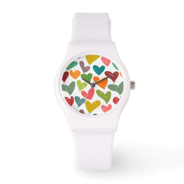Retro farbenfrohe Groovy Valentine Herzmuster Armbanduhr (Vorderseite)