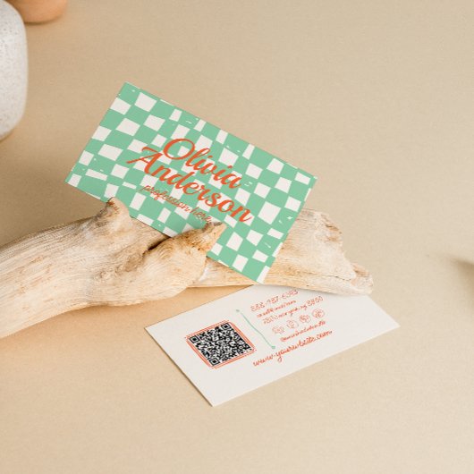 Retro farbenfrohe Hand gezogen Checked Groovy QR C Visitenkarte