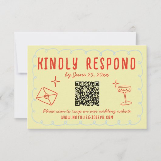 Retro farbenfrohe Handzeichnung Einzigartiger QR-C RSVP Karte (Vorderseite)