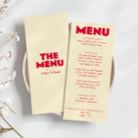 Retro farbenfrohe helle Funky Bold moderne Hochzei Menükarte<br><div class="desc">Ein buntes Retro funky,  moderne pfirsichgelbe Dinner-Menü. Das Design der schick gestalteten Vorlage boho Vintagen milchig weißen Hintergrund und leuchtend rot magenta typografie und handgeschriebenes Menü in blau . Und heller,  grüner Hintergrund. Perfekt und passend zu der ganzen Suite.</div>