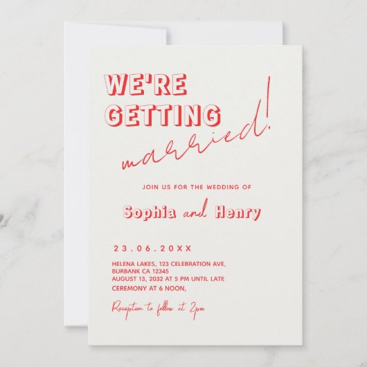 Retro farbenfrohe lustige handgeschriebene Hochzei Einladung (Vorderseite)