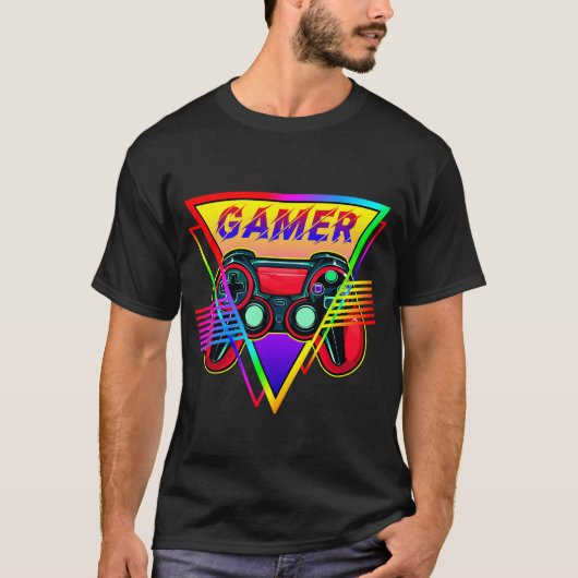 Retro farbenfrohe Rainbow Gamer Computerspiel T-Shirt (Vorderseite)