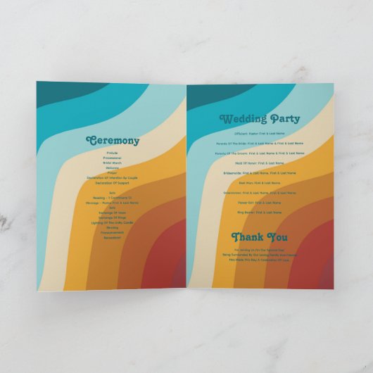 Retro farbenfrohe Rainbow-Hochzeit Programm (Innenseite)