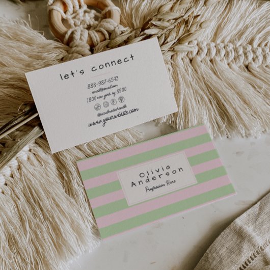 Retro farbenfrohe rosa grüne Streifen Pastel Boho  Visitenkarte