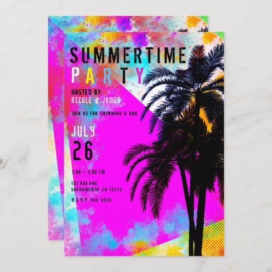 Retro farbenfrohe Sommerzeit Beach Party Palmen Einladung (Vorne/Hinten)