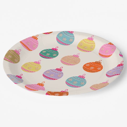 Retro farbenfrohe Weihnachtsbaumchen Pappteller (Schrägansicht)