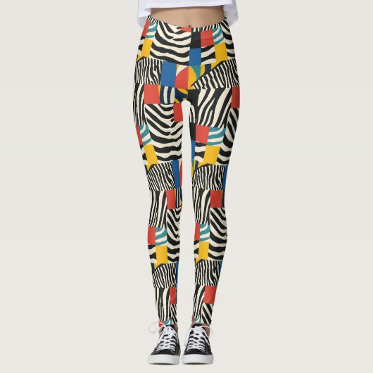 Retro farbenfrohe Zebra Block Gemusterte Leggings (Vorderseite)