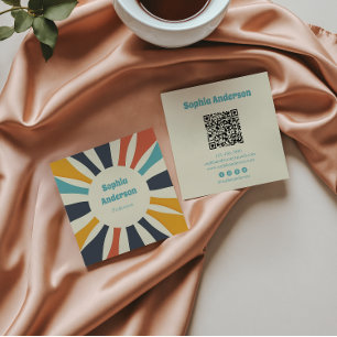 Retro Farbenfroher Sonnenbrand mit QR-Code - Elega Quadratische Visitenkarte