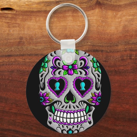Retro farbenfroher Zuckerschädel Schlüsselanhänger (Vorderseite)