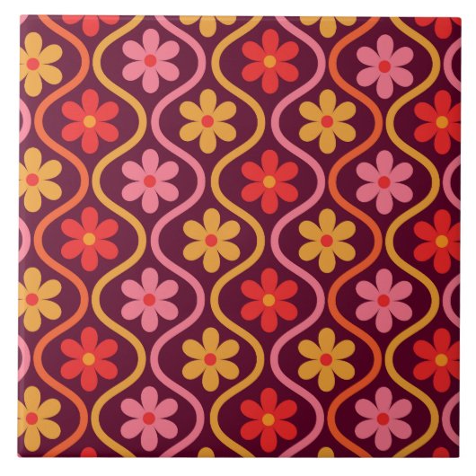 Retro-Farbige Blume auf dem Vintagen Ogee-Muster Fliese (Vorderseite)