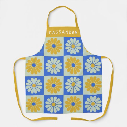 Retro Farbige Blume Blau Gelb Personalisiert Schürze (Vorderseite)