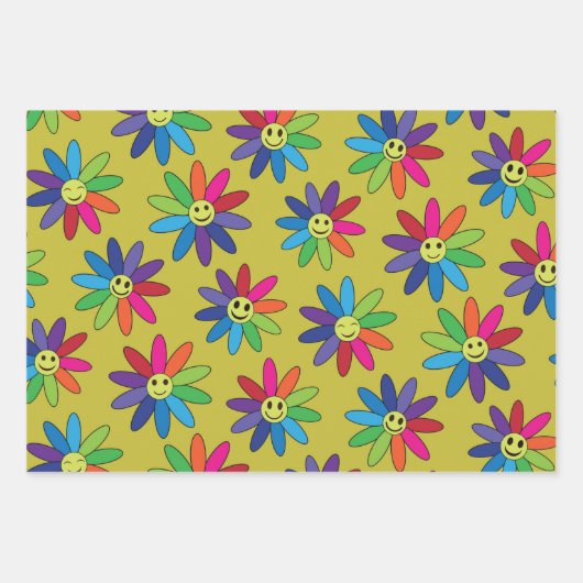 Retro farbige Blume mit Happy Gesichtsmuster Geschenkpapier Set (Vorderseite 3)