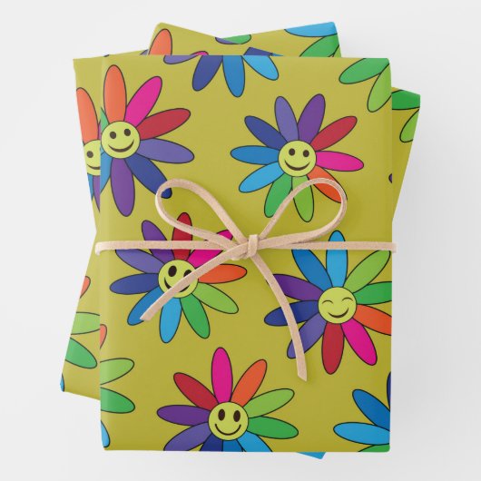 Retro farbige Blume mit Happy Gesichtsmuster Geschenkpapier Set (Beispiel)