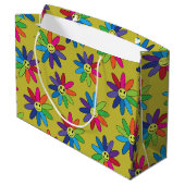 Retro farbige Blume mit Happy Gesichtsmuster Große Geschenktüte (Rückseite Schrägansicht)