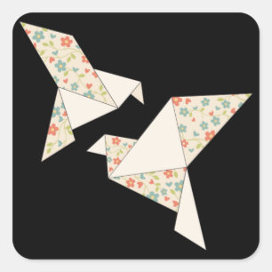 Retro-farbige Blumen auf Origami-Vögeln Quadratischer Aufkleber
