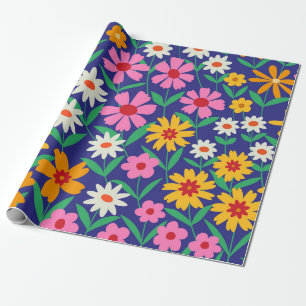 Retro-farbige Boho-Blumen auf Navyblau  Geschenkpapier