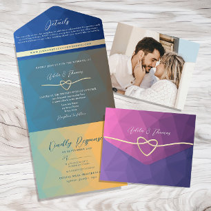 Retro Farbige Geometrische Foto-Hochzeitseinladung All In One Einladung