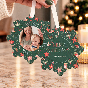 Retro-farbige grüne Weihnachts-Blumen-Foto Ornament Karte