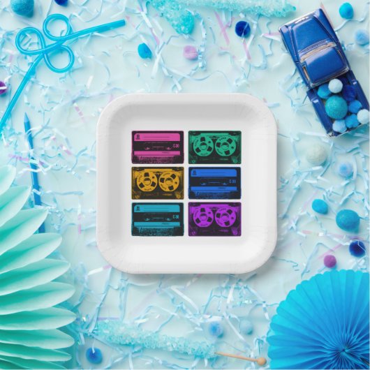 Retro-farbige Kassetten Pappteller (Party)