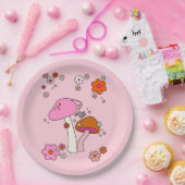 Retro-farbige Pilze und Blume rosa Pappteller (Party)